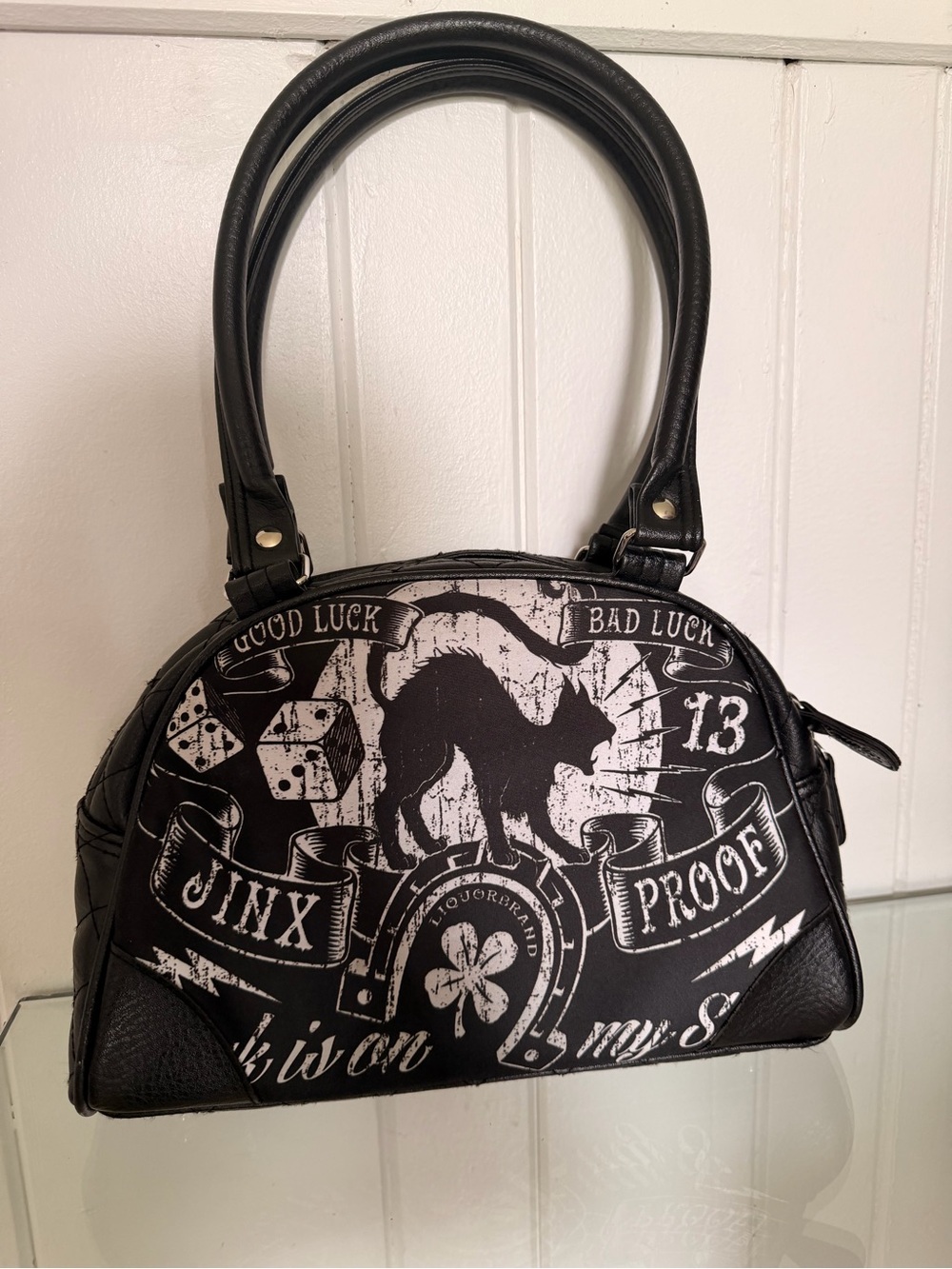 LIQUOR BRAND Black GraphicDome Handbag